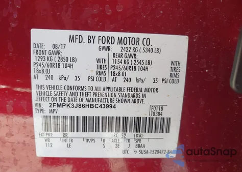 2017 Ford Edge Sel из США, поврежденный, VIN 2FMPK3J86HBC43994